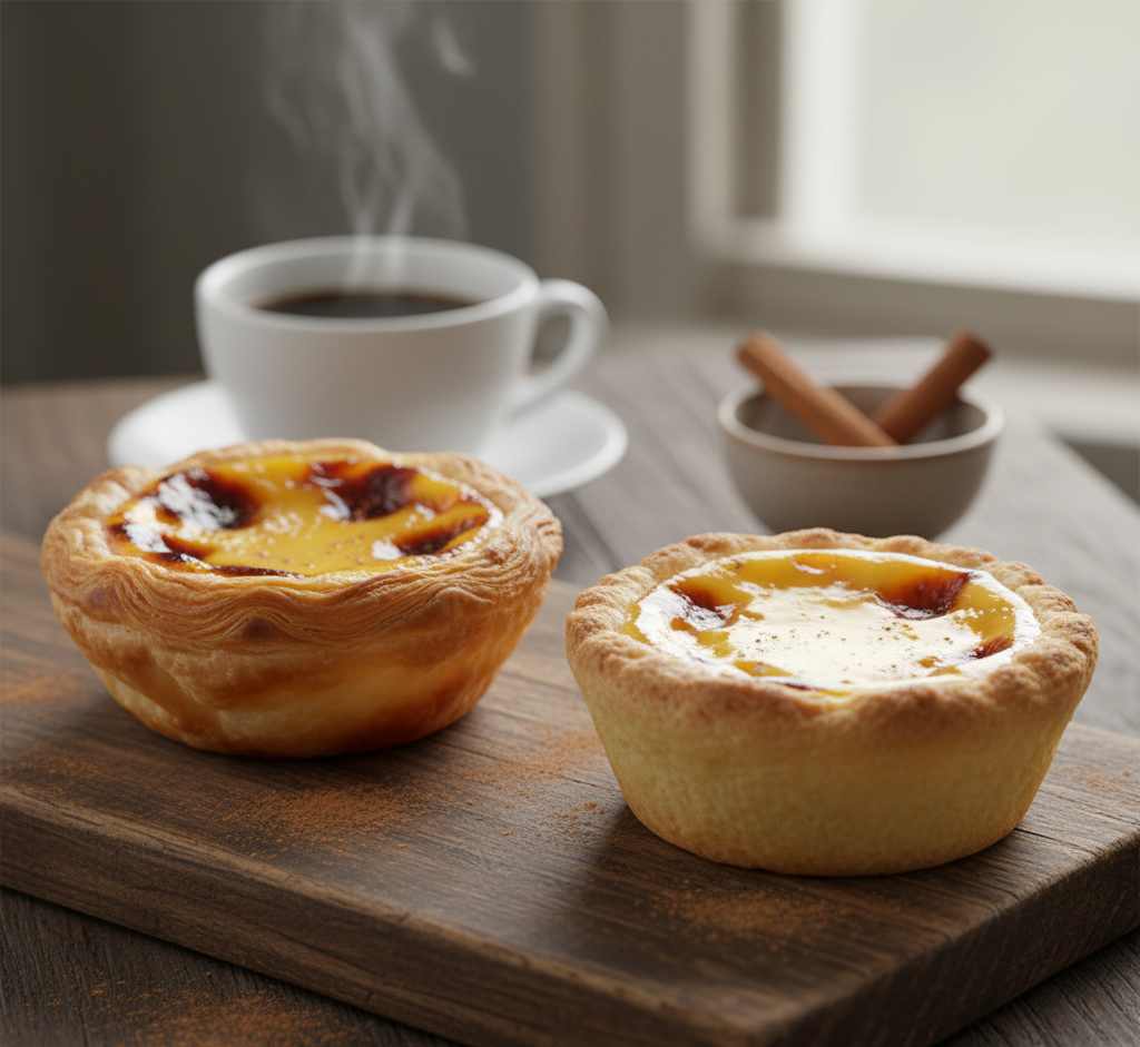 Egg tarts with coffee on a wooden board