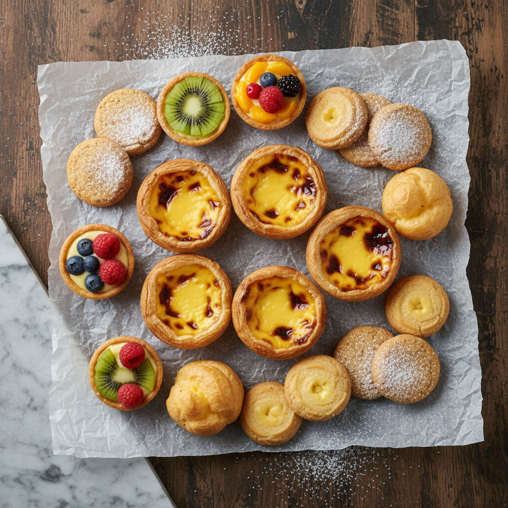 Assorted egg tarts and cookies on parchment